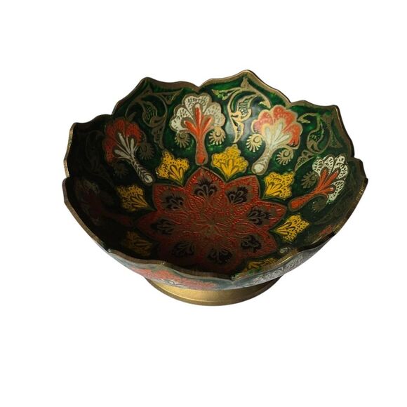 Vintage Hand Painted Floral Decorative Brass Bowl Made in India Catchall - Picture 3 of 8